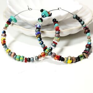 Hoop Earrings  658#FS bohemian multicolor beaded big hoop earrings art 2G summer